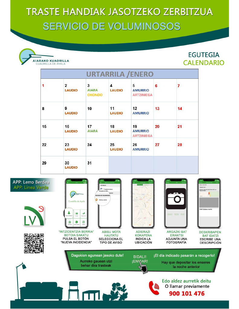 01_Urtarrila-2024 CALENDARIO ENERO Recogida selectiva de residuos voluminosos y enseres en la Cuadrilla de Aiaraldea