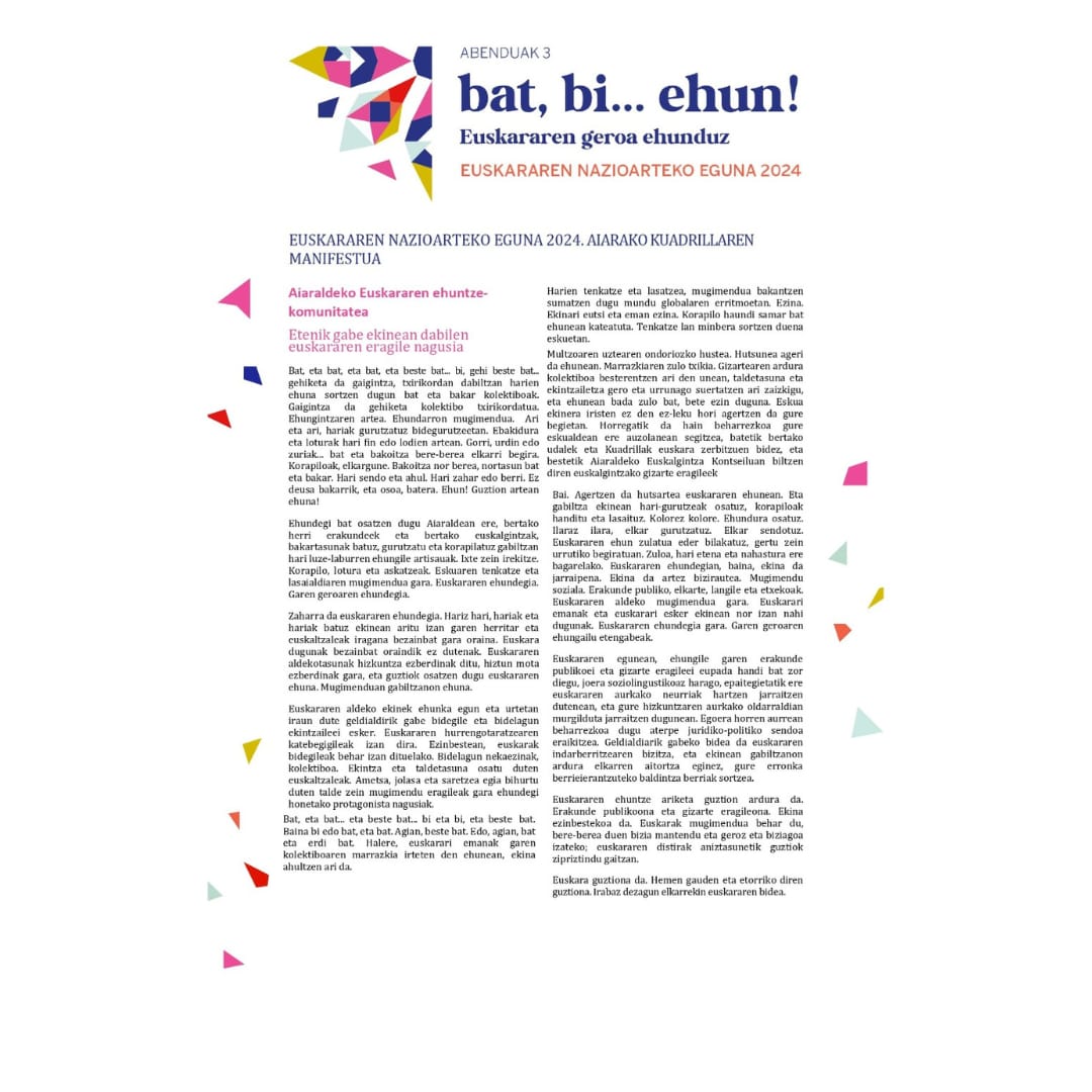 manifiesto-eus EUSKARAREN NAZIOARTEKO EGUNA 2024. Aiaraldeko KuadrillaREN MANIFESTUA