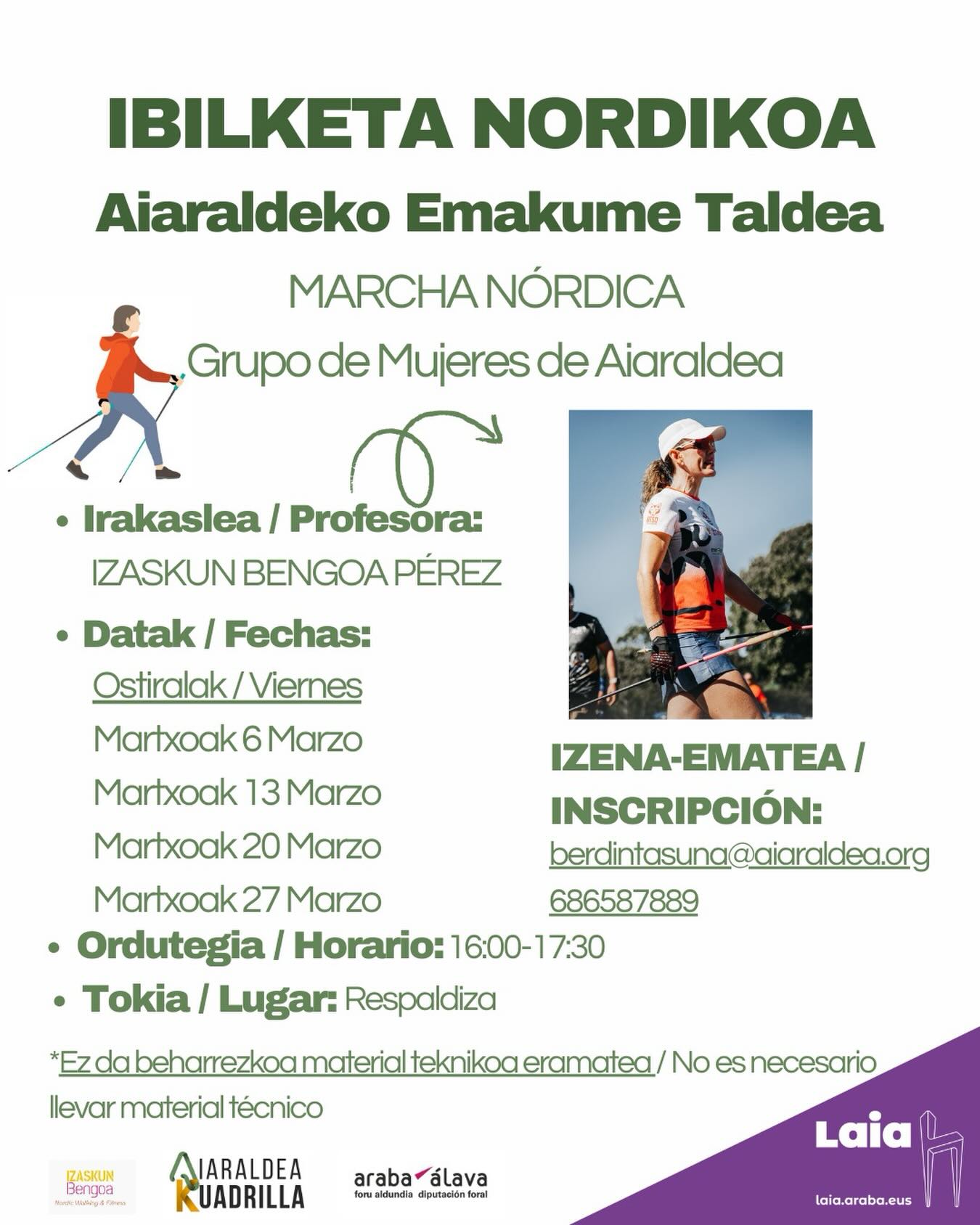Ibilketa-nordikoa La Cuadrilla de Aiaraldea organiza un grupo de marcha nórdica para mujeres los días 6, 13, 20 y 27 de marzo
